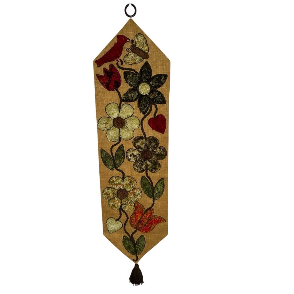 VTG Wall Hanging Long Carpet Tapestry Rug Yarn 70's Flowers Bird Butterfly